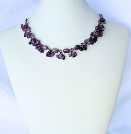 Dark Purple Amethyst & Brass Necklace - Juicybeads Jewelry