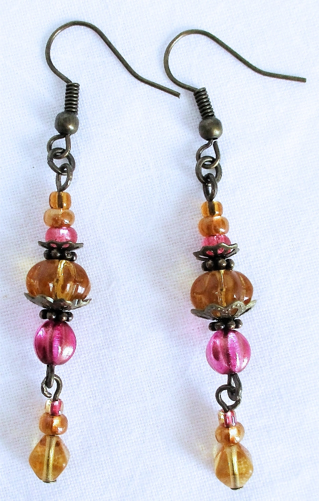 Pink & Brown Drop Earrings - Juicybeads Jewelry