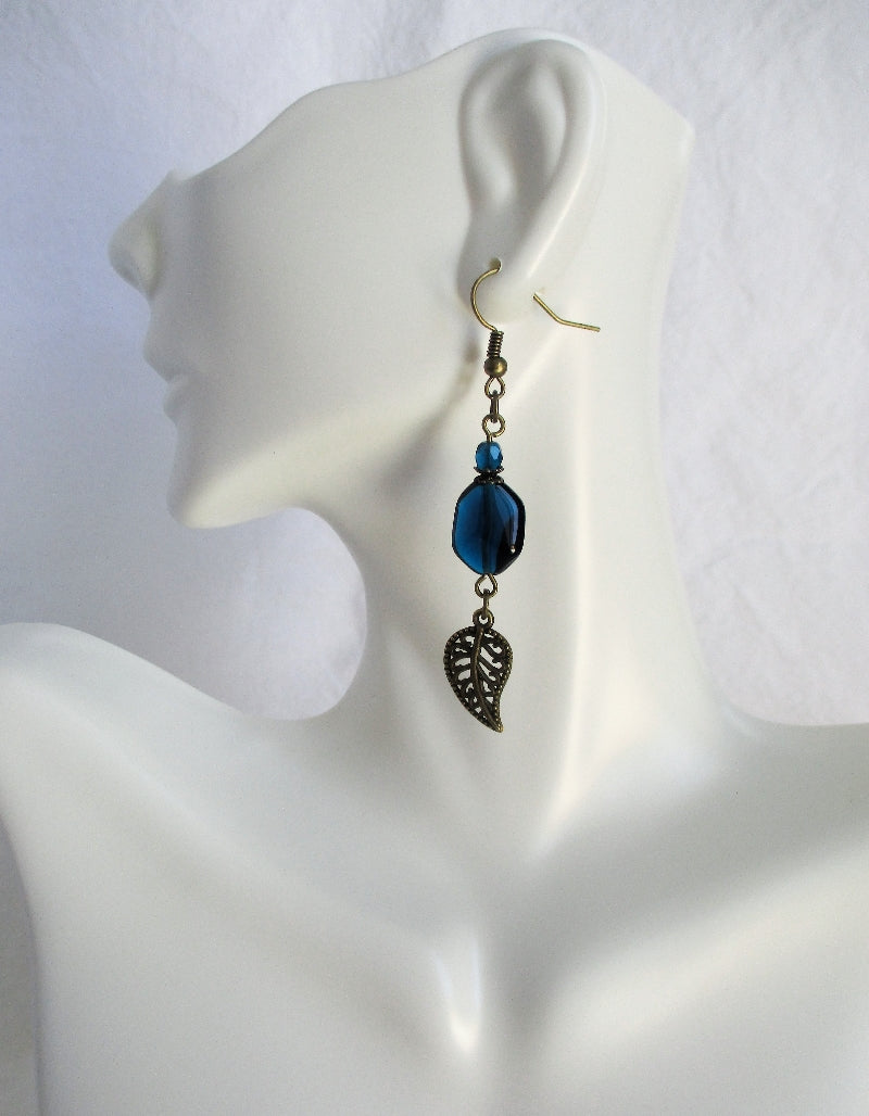 Teal Brass Leaf Charm Earrings - Juicybeads Jewelry