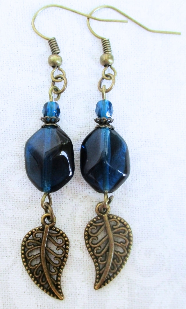 Teal Brass Leaf Earrings - Juicybeads Jewelry