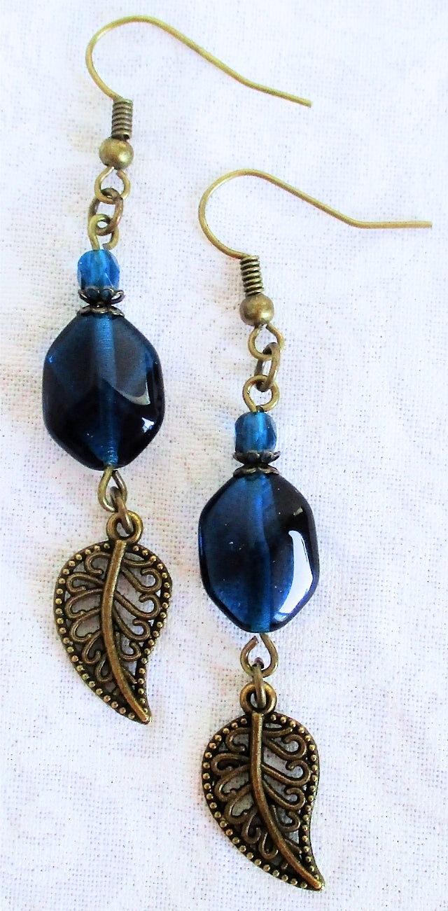 Teal Brass Leaf Earrings - Juicybeads Jewelry
