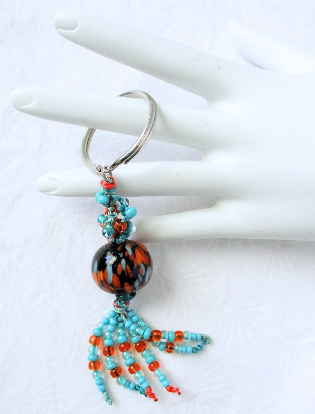 Turquoise & Orange Beaded Keychain - Juicybeads Jewelry
