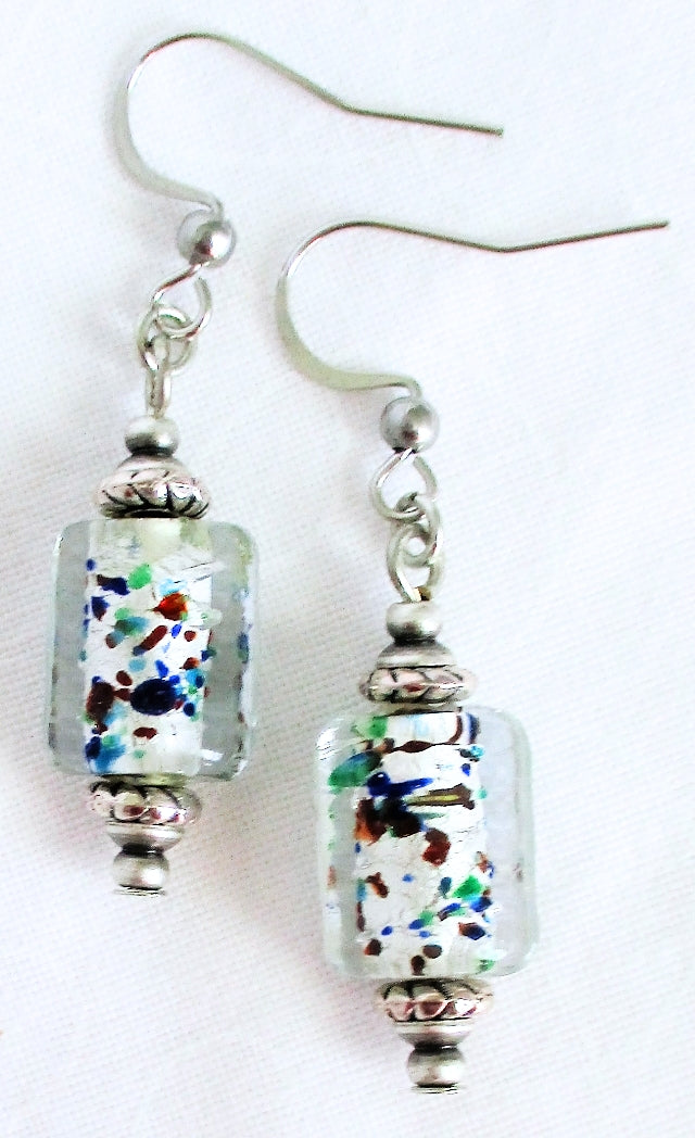 white lampwork dangle earrings - juicybeads jewelry