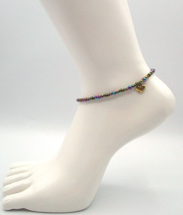 Rainbow Beaded Anklet with Heart Charm - Juicybeads Jewelry