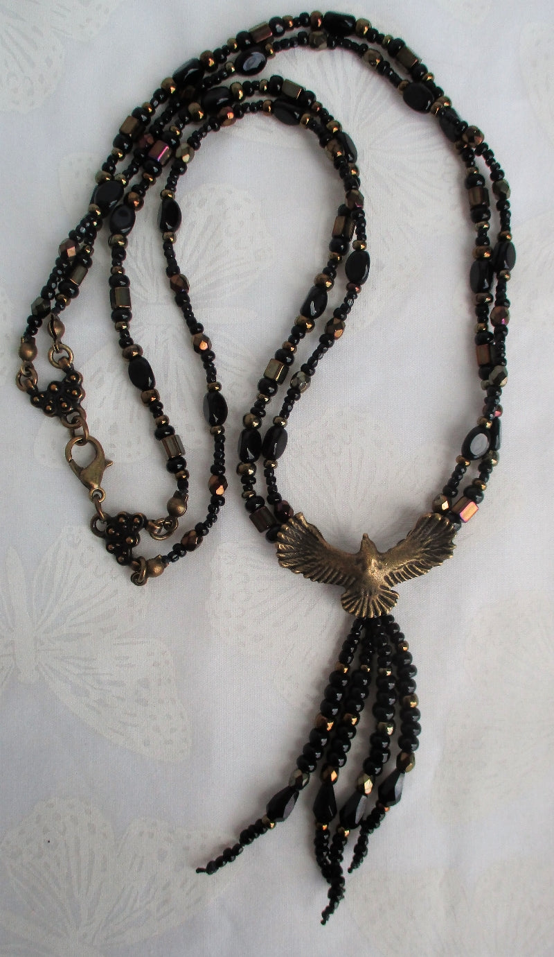 Black Beaded Crow Pendant Necklace Set - Juicybeads Jewelry
