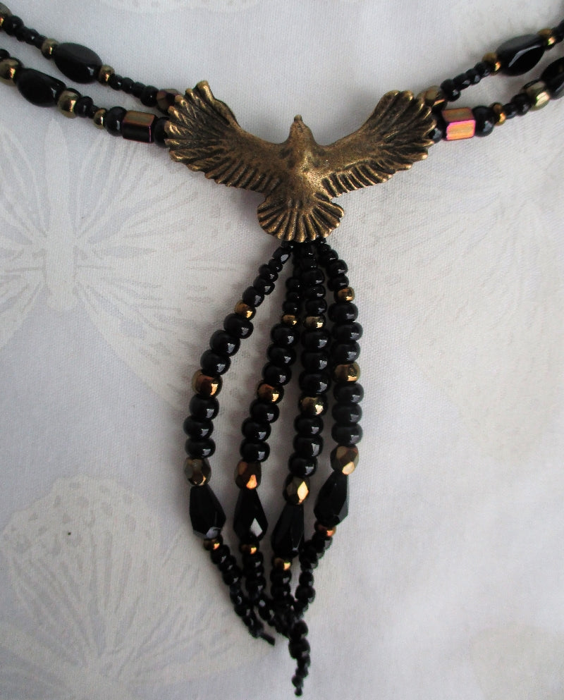 Black Beaded Crow Pendant Necklace Set - Juicybeads Jewelry