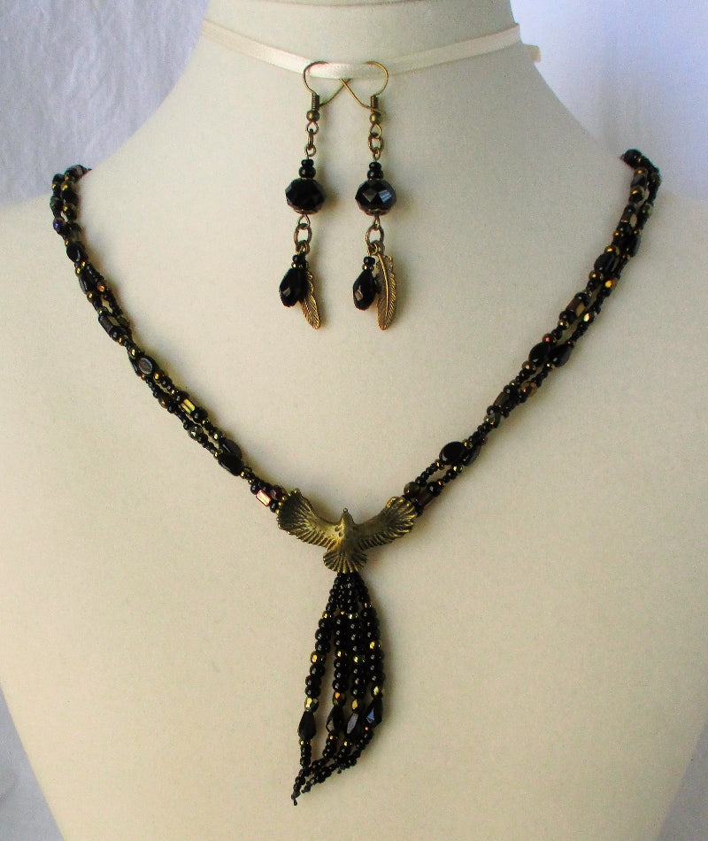 Black Beaded Crow Pendant Necklace Set - Juicybeads Jewelry
