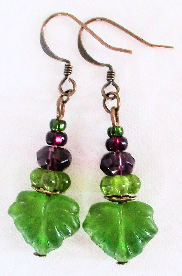 Purple & Green Leaf Dangle Earrings - Juicybeads Jewelry