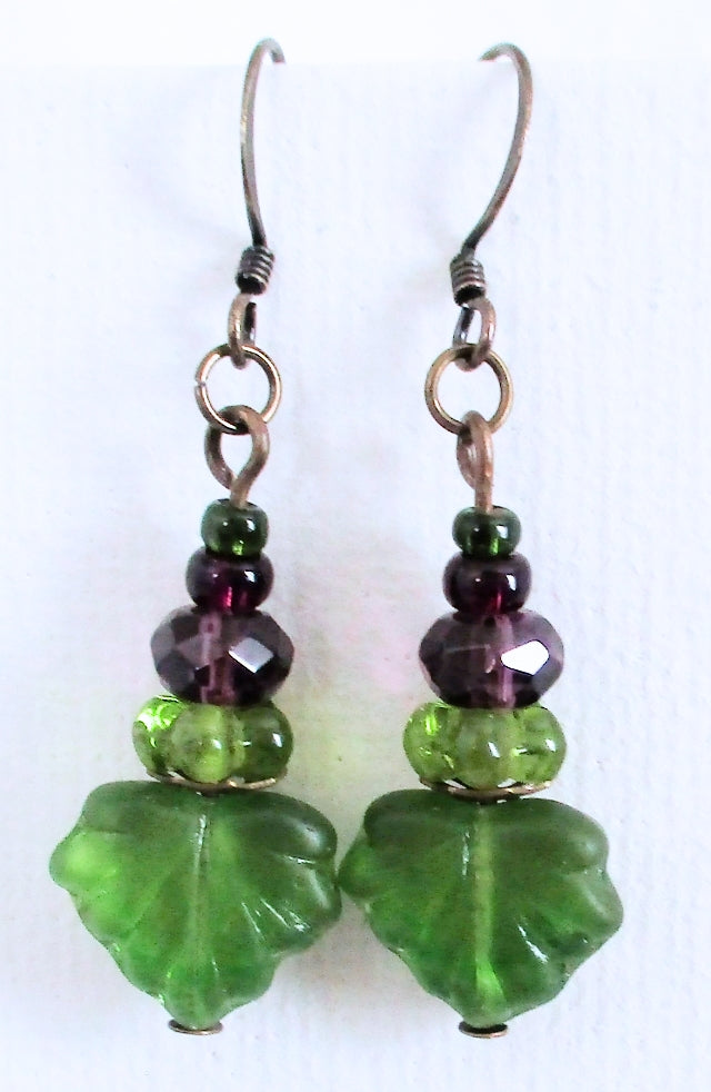 Purple & Green Leaf Dangle Earrings - Juicybeads Jewelry