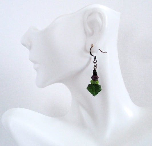 Purple & Green Leaf Dangle Earrings - Juicybeads Jewelry