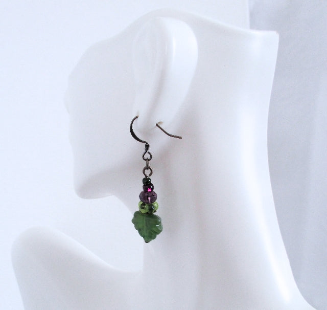 Purple & Green Leaf Dangle Earrings - Juicybeads Jewelry