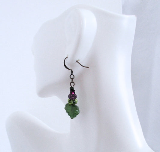 Purple & Green Leaf Dangle Earrings - Juicybeads Jewelry
