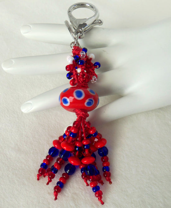 red blue beaded clip-on keychain