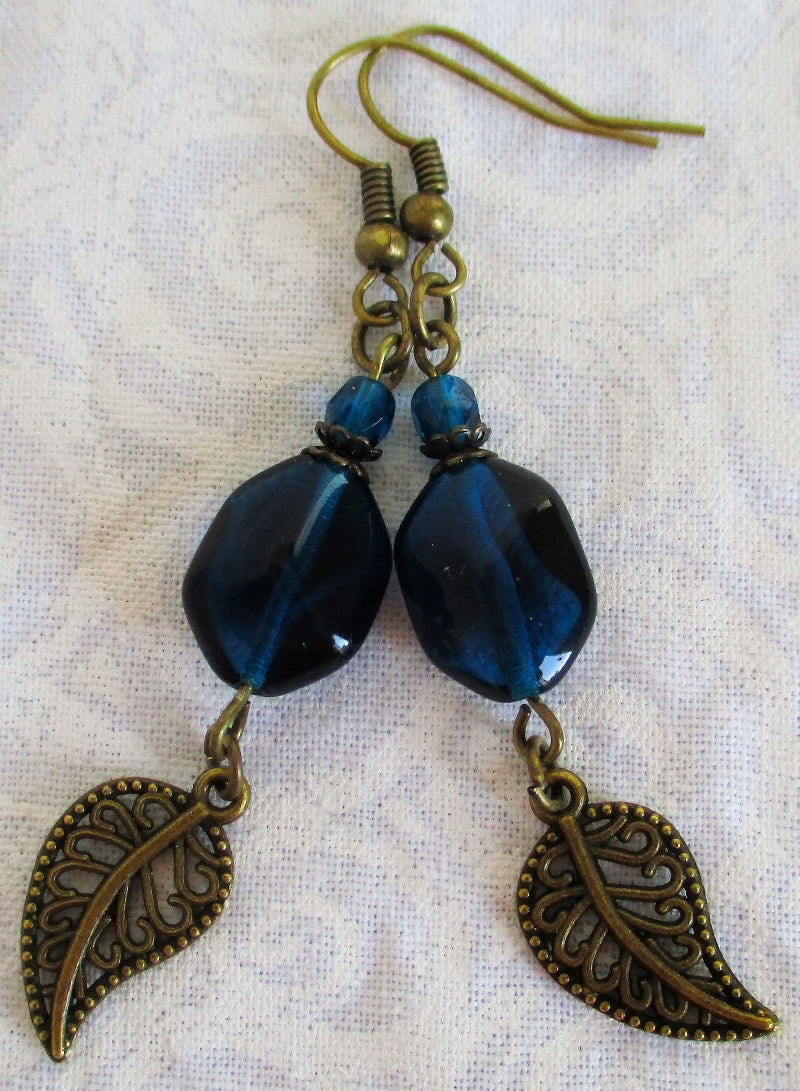 Teal Brass Leaf Charm Earrings - Juicybeads Jewelry