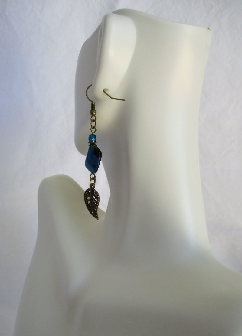 Teal Brass Leaf Charm Earrings - Juicybeads Jewelry