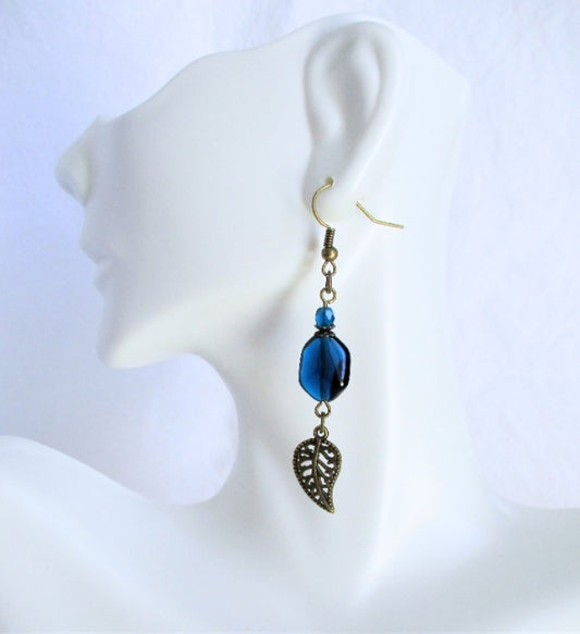 Teal Brass Leaf Earrings - Juicybeads Jewelry