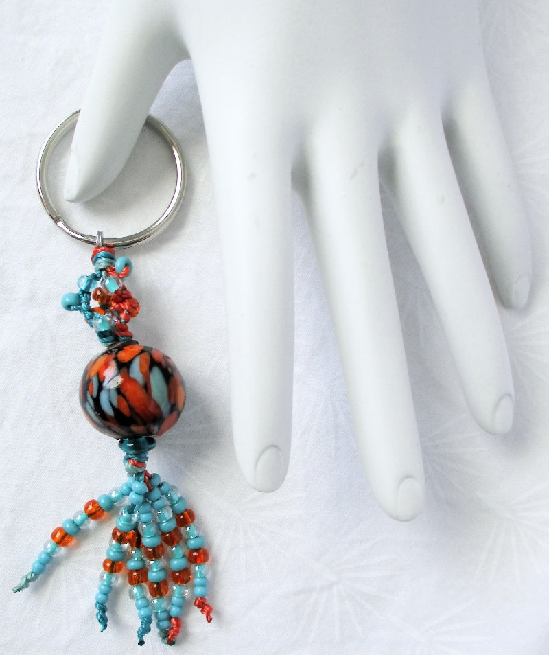 Turquoise & Orange Beaded Keychain - Juicybeads Jewelry