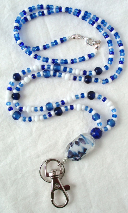 Blue & White Beaded Lanyard - Juicybeads Jewelry