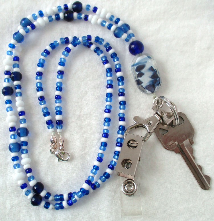 Blue & White Beaded Lanyard - Juicybeads Jewelry