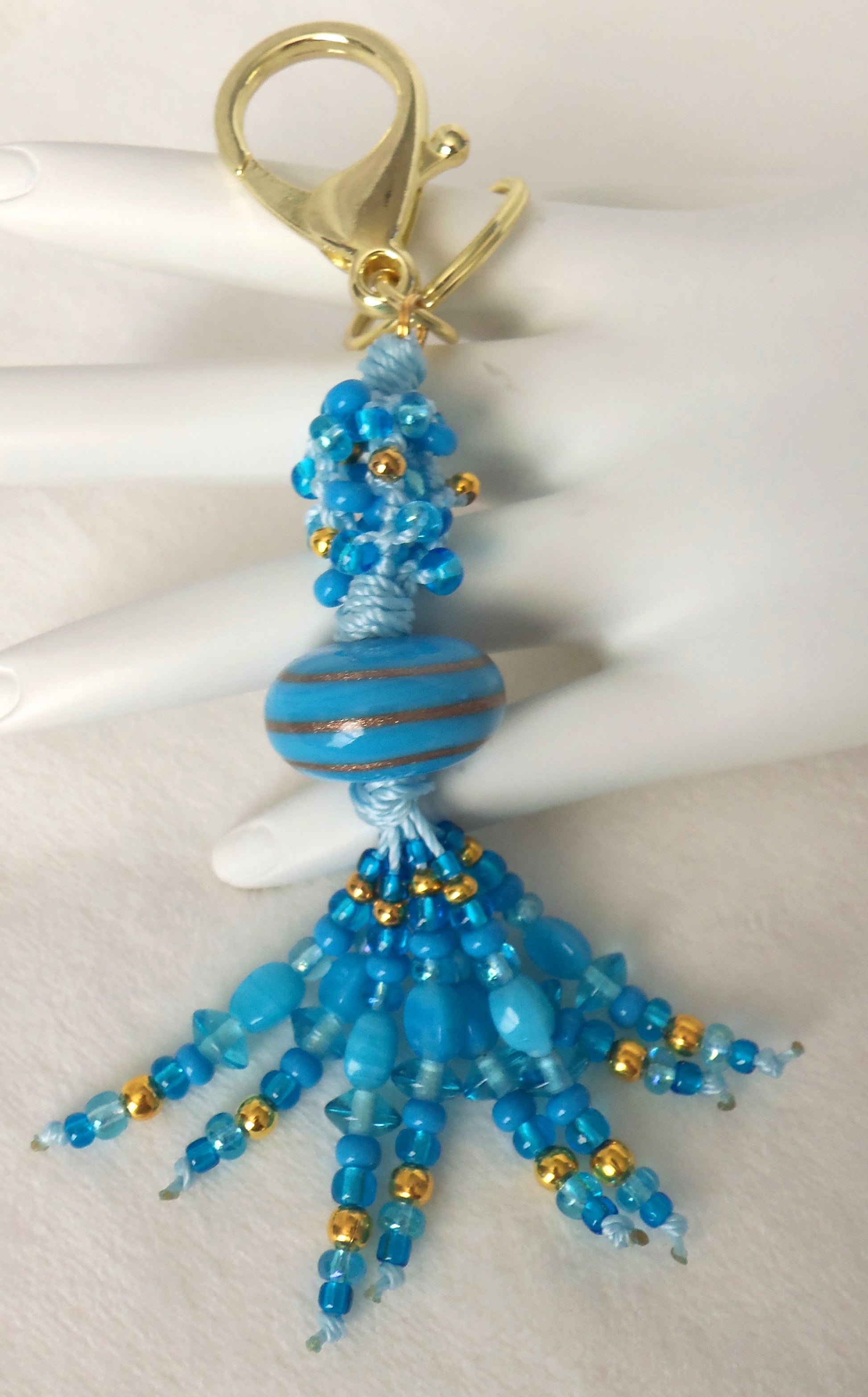 Blue & Gold Beaded Clip-On Keychain - Juicybeads Jewelry