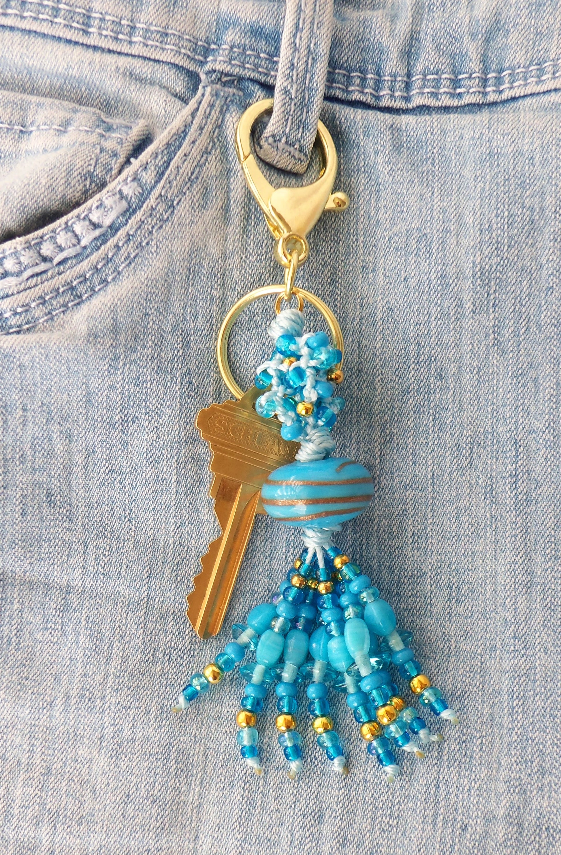 Blue & Gold Beaded Clip-On Keychain - Juicybeads Jewelry