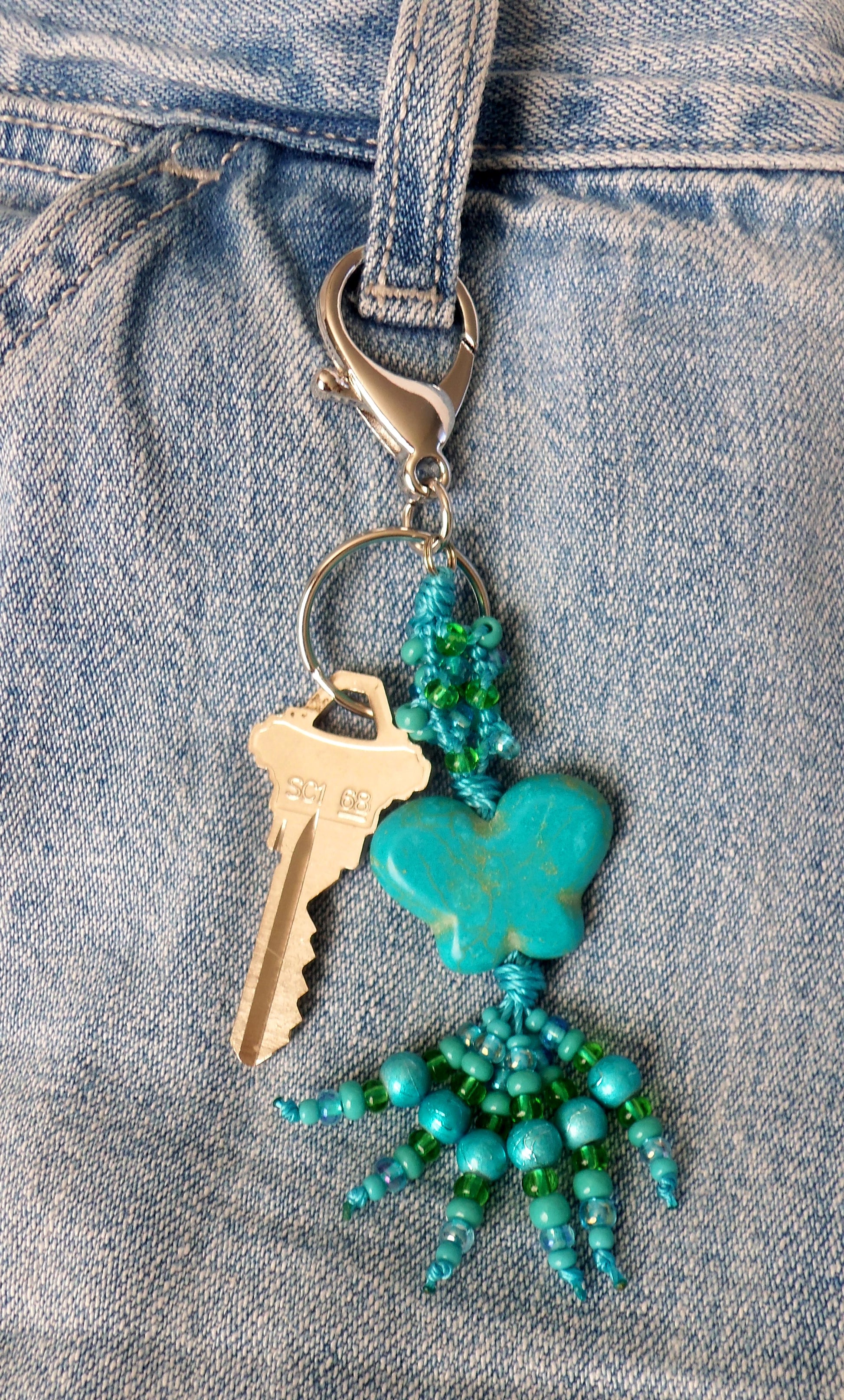 Blue & Green Butterfly Beaded Clip-On Keychain - Juicybeads Jewelry