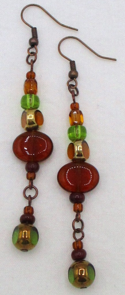 Brown & Green Long Drop Earrings - Juicybeads Jewelry