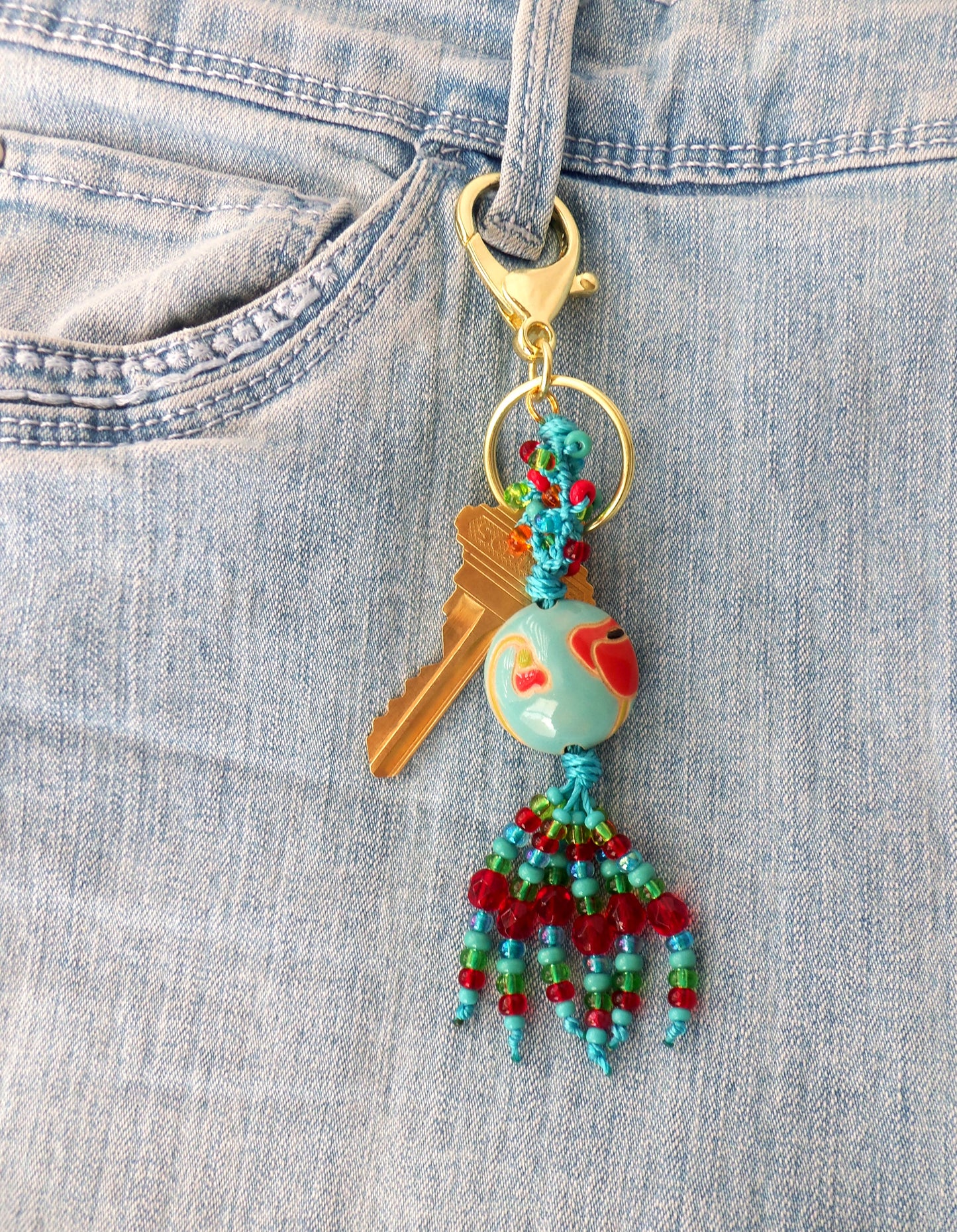 Red Flower Beaded Clip-On Keychain - Juicybeads Jewelry