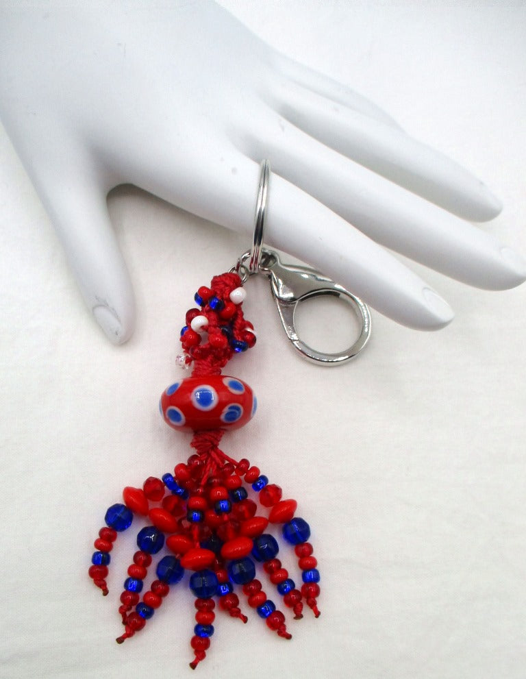 Red & Blue Beaded Clip-On Keychain - Juicybeads Jewelry