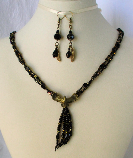 Black Beaded Crow Pendant Necklace Set - Juicybeads Jewelry